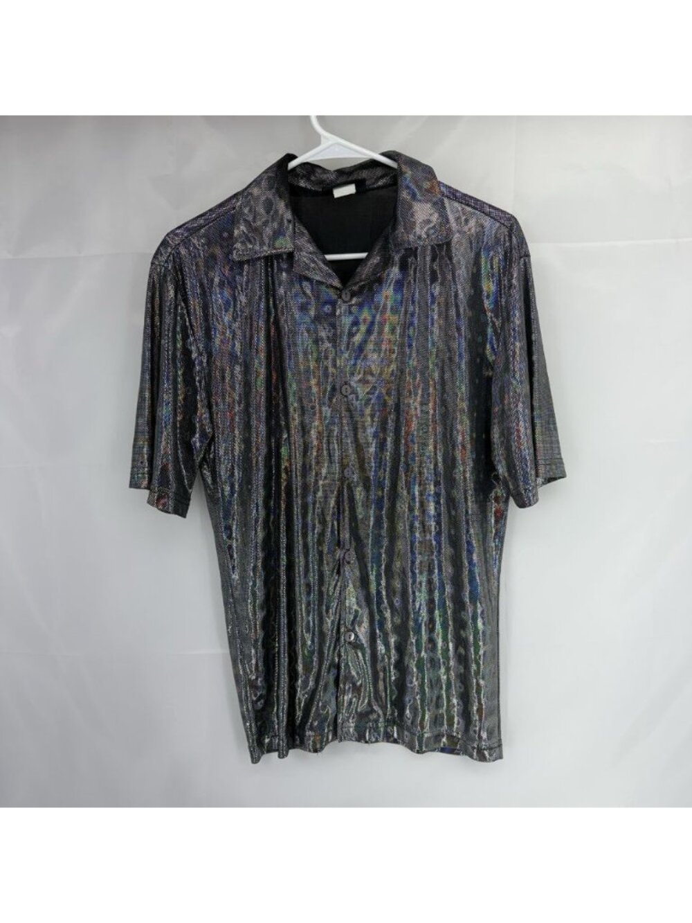 Vintage Anchor Blue Disco Shirt Men S Metallic Silver Button Up Y2K Rave Retro